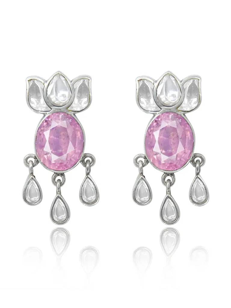 Pink Zircon With Polki Lotus Silver Earring : U080SG011E0946