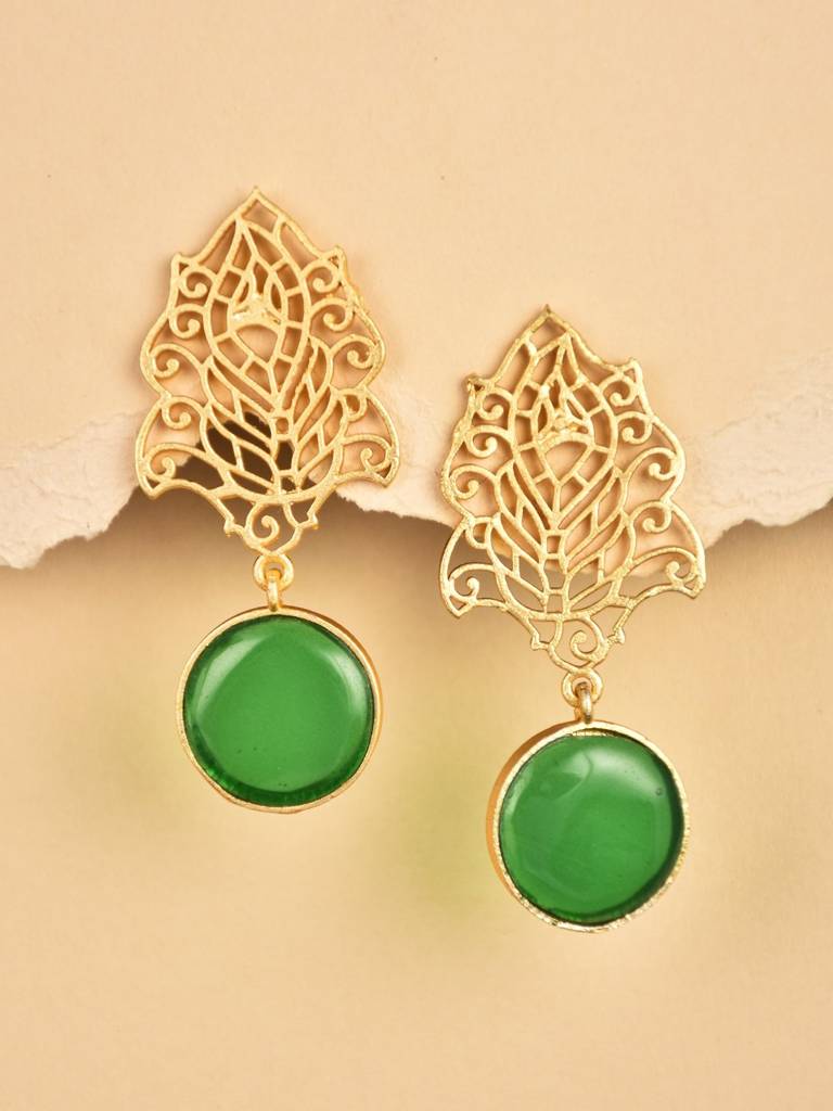 Gold Filigree Stone Drop Earrings : S24JJER210GRN