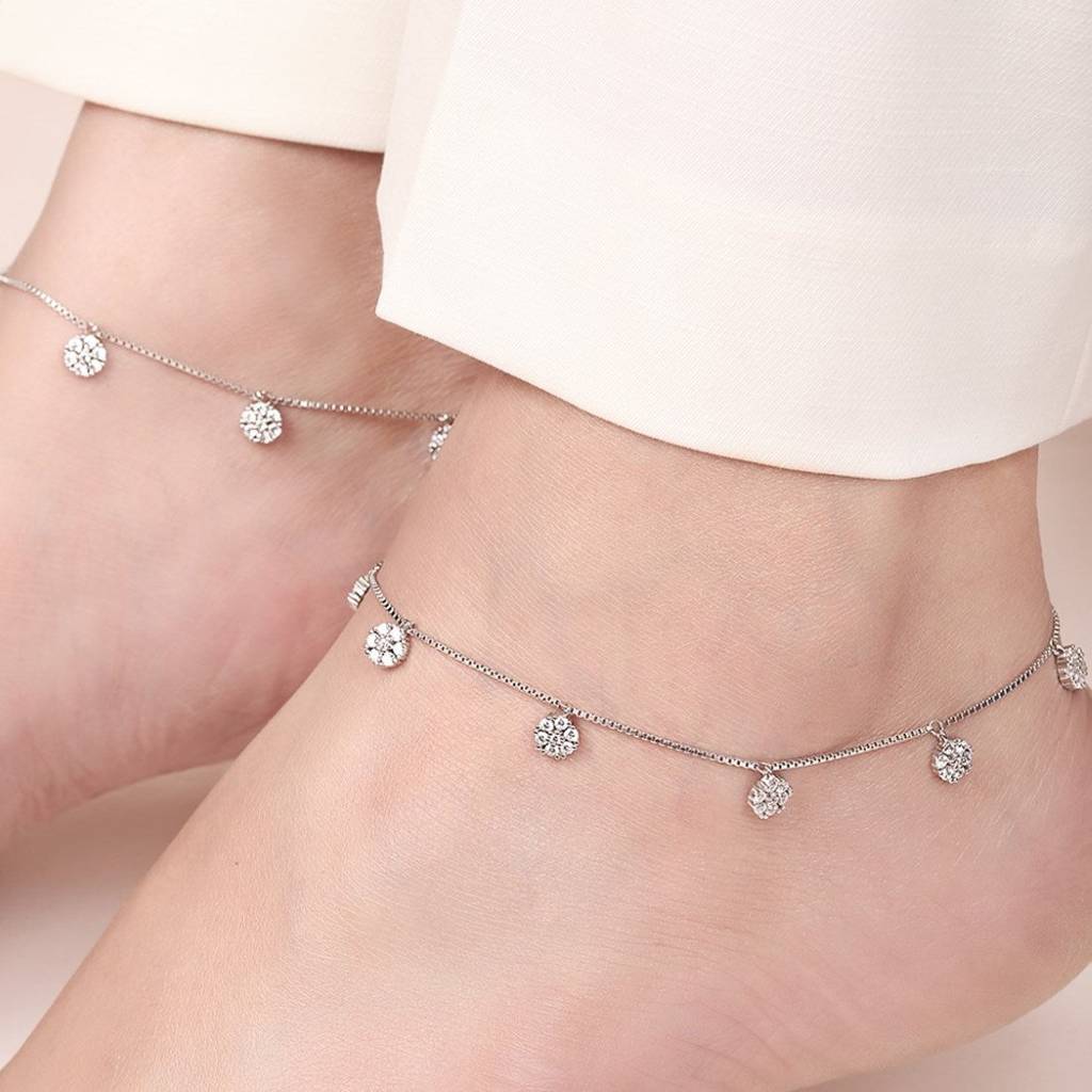 Floral Cz Rhodium Plated 925 Sterling Silver Anklet : ANK-60371-PAIR-R