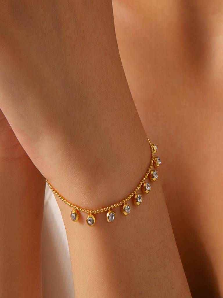 Round Zircon Bracelet 18K Gold Plated Waterproof Anti-Tarnish : AHC0925B0047