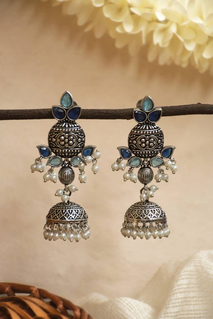 Oxidised Silver Aqua & Ruby Pearl Jhumkas : NA_ST_ER_231_4