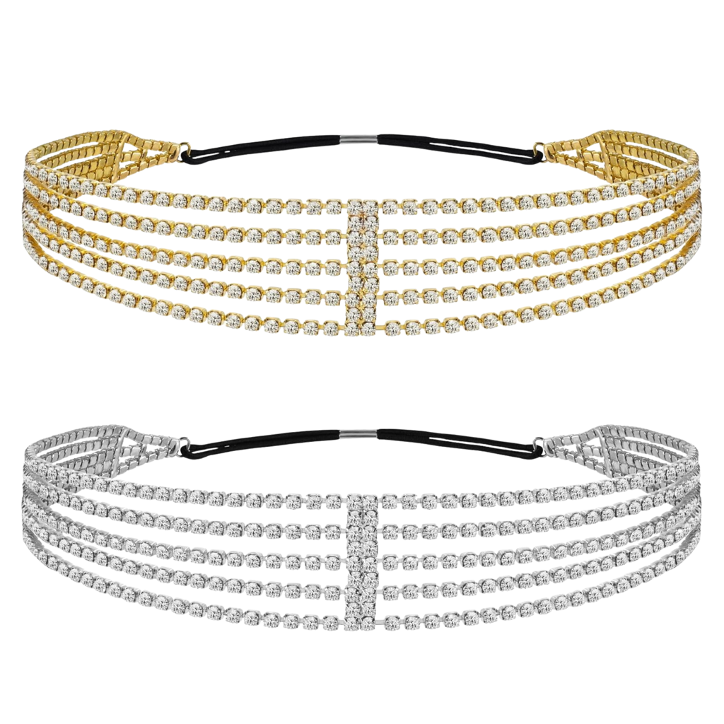 Multi-Layer Rhinestone Headband For Women - 5 Row Crystal Elastic Hair Band - Sparkling Diamond Hair Acce : MRSK-PT-GOLDSILVER