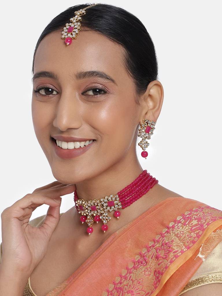 Peora Ethnic Indian Traditional Kundan Studded Necklace & Jewellery Set Gift For Women Girls : PF37N224RP