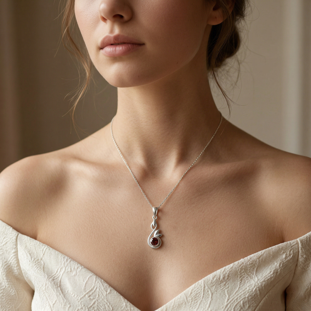 925 Sterling Silver Garnet Pendant With 18 Inch Chain | Gemstone Pendant Necklace | Elegant Silver Jewelry Gift : FU-0716