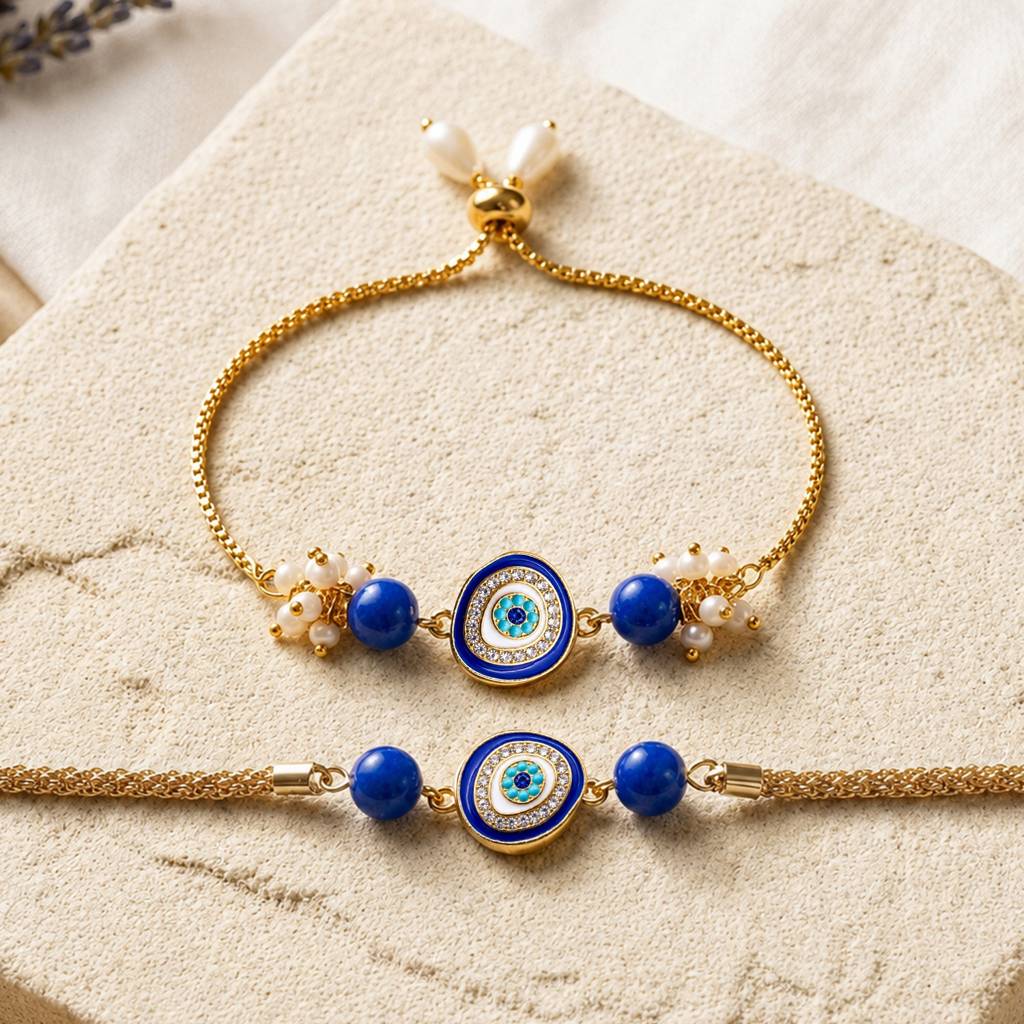 Artklim Blue Evil Eye Bhaiya Bhabhi Rakhi Set With Pearl Tassels : HSPS60MB1952