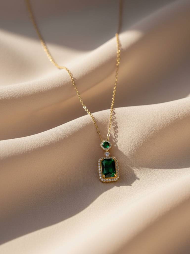 Emerald Moissanite Pendant Chain | 18K Gold Plated, Anti-Tarnish Jewelry : ATC643GMSPC