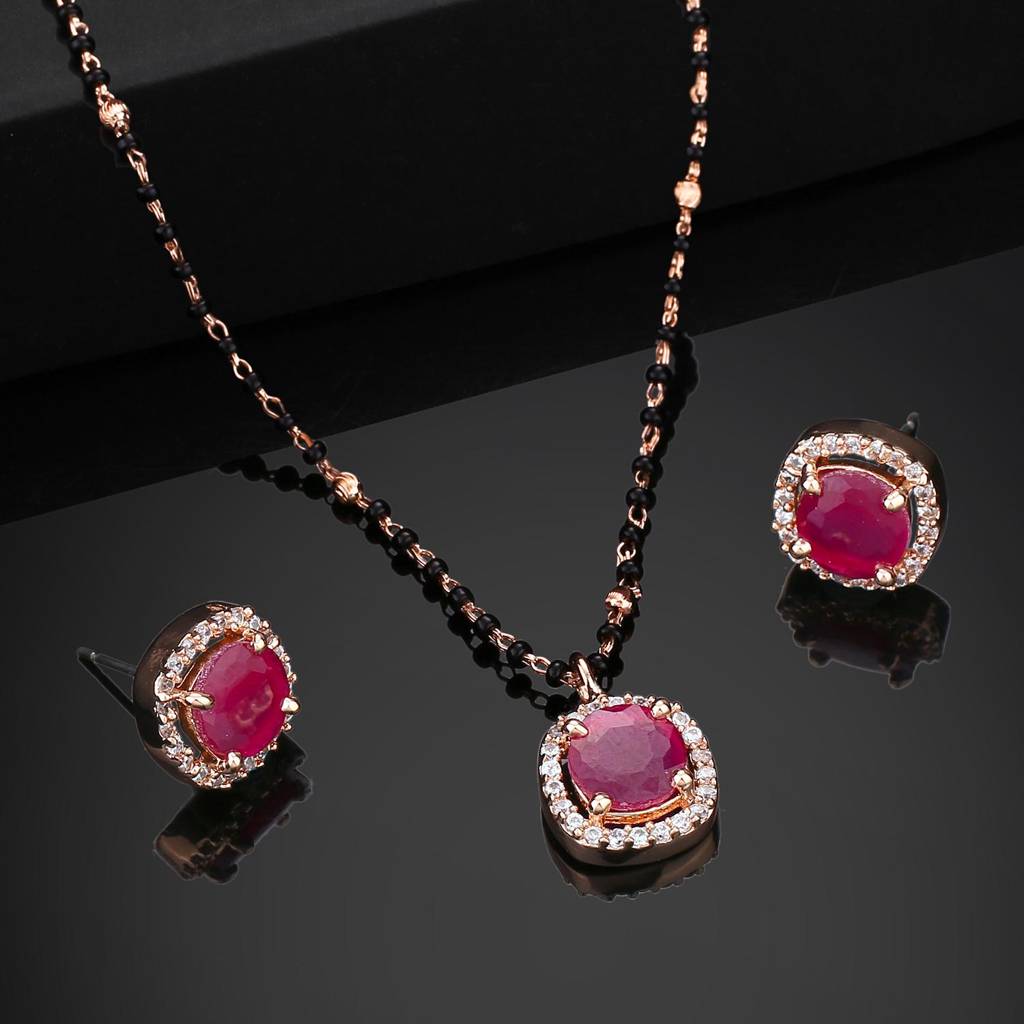 Estele Rose Gold Plated Cz Sparkling Mangalsutra Necklace Set With Ruby Stones For Women