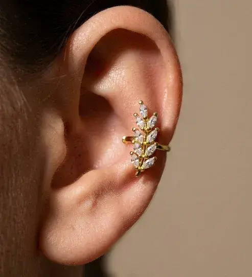 Anti-Tarnish Leaf Ear Cuff Earring For Women | Gold Plated Cz Ear Cuff | No Piercing Cartilage Earring : AST-EAR-0186