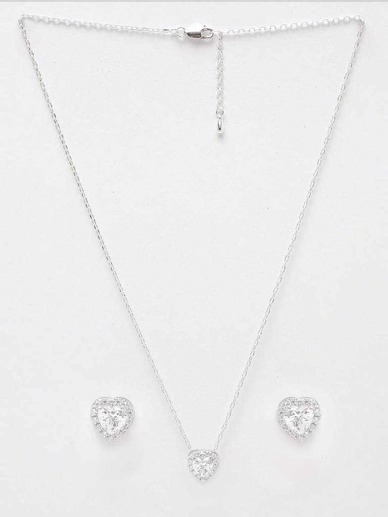 925 Sterling Silver Rhodium Plated Valentine Pendant Earring Necklace Set With Chain Gift For Women And Girls : CSWZMP66ME66_SCH