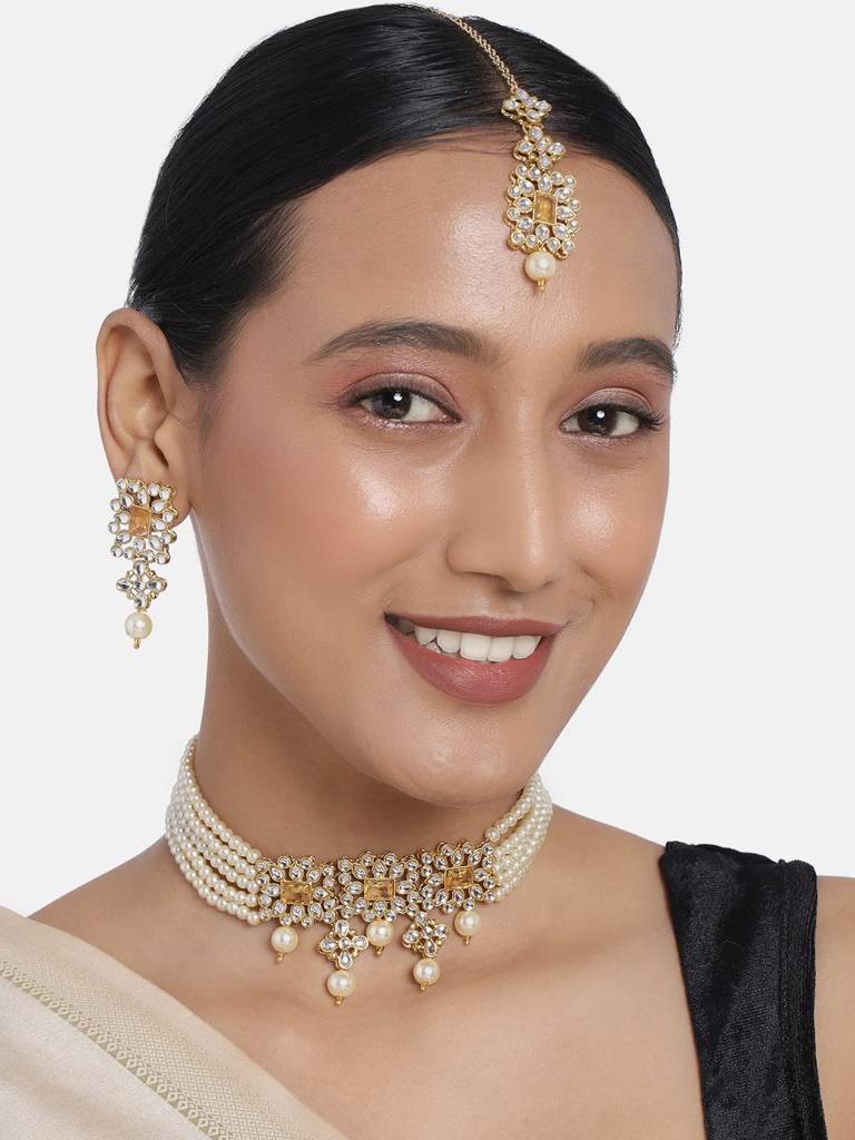 Peora Ethnic Indian Traditional Kundan Studded Necklace & Jewellery Set Gift For Women Girls : PF37N224LCT