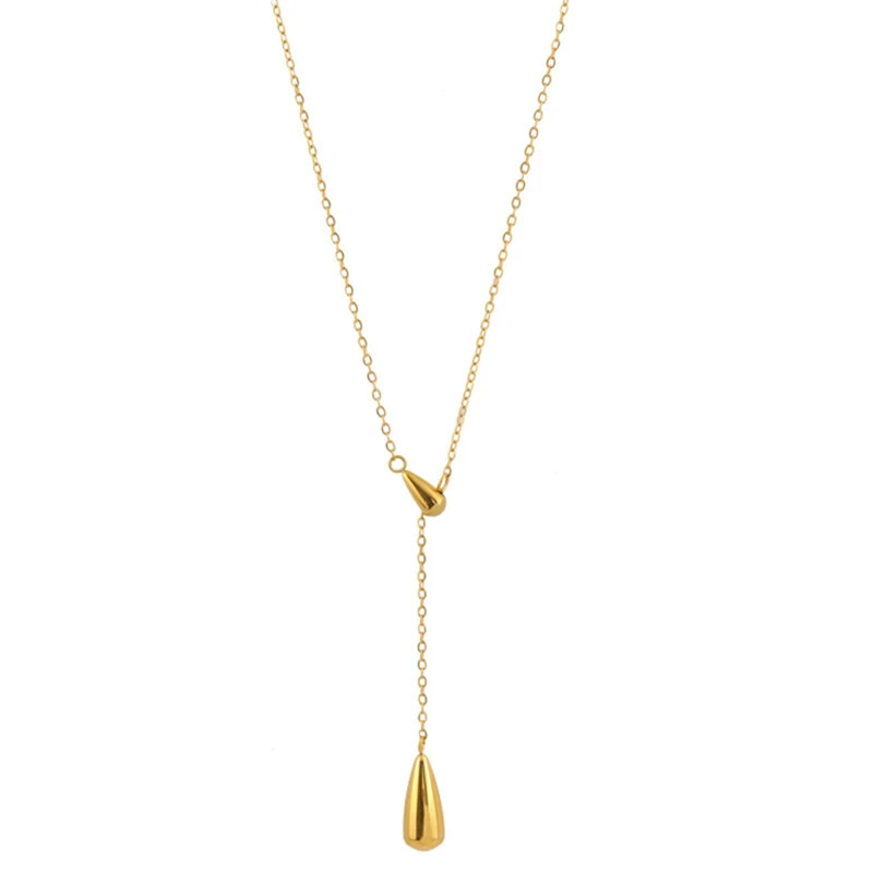 18K Plated Waterproof Anti-Tarnish Minimal Tear Drop Lariat Necklace : ALS0725N524G