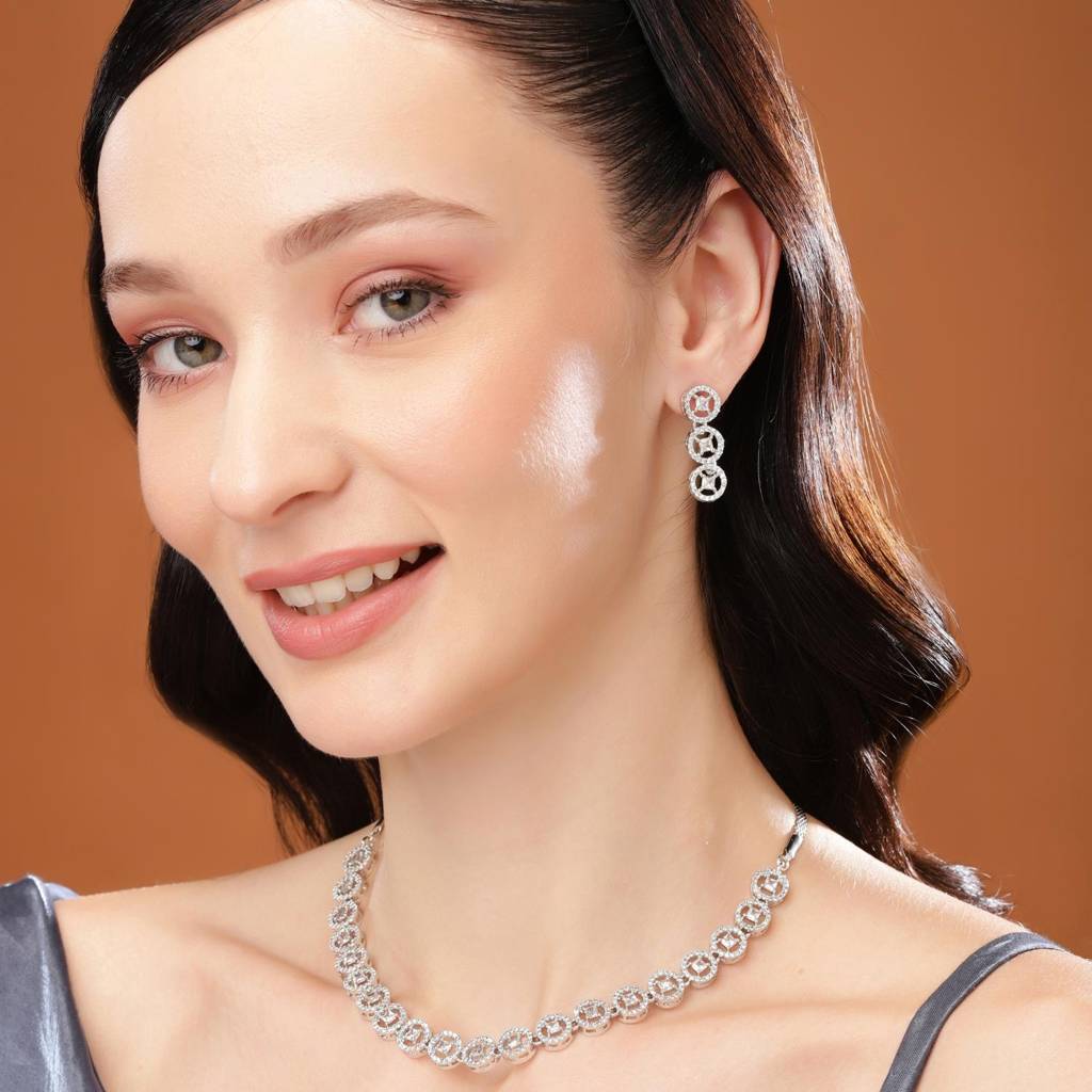 Estele Rhodium Plated Cz Rotating Glitter Necklace Set For Women