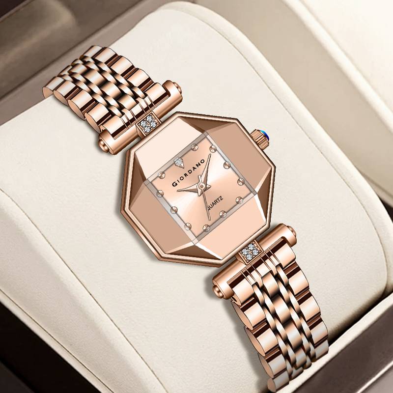 Giordano Dress Watch For Women Â Rose Gold Finish, Diamond Accented Octagonal Dial & Stainless Steel Strap-Gz- : GZ-60096-22