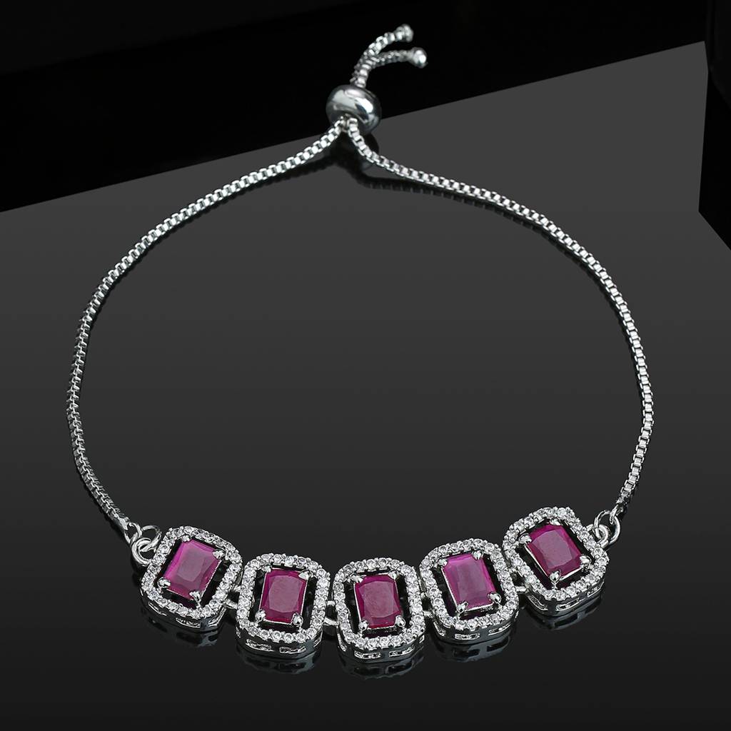 Estele Rhodium Plated CZ Ossum Octagon Bracelet With Ruby Crystals For Women