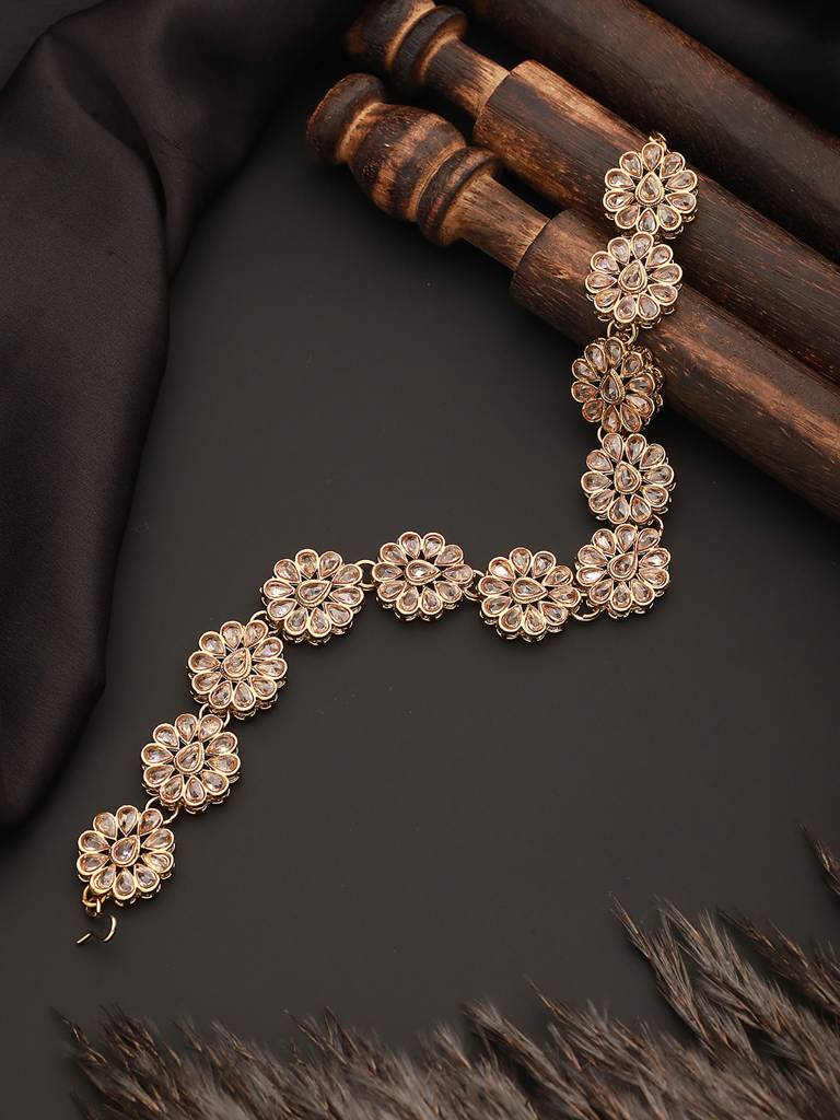 Mehandi Gold-Plated Kundan-Studded Floral Shaped Mathapatti : MPT-JS23-10014