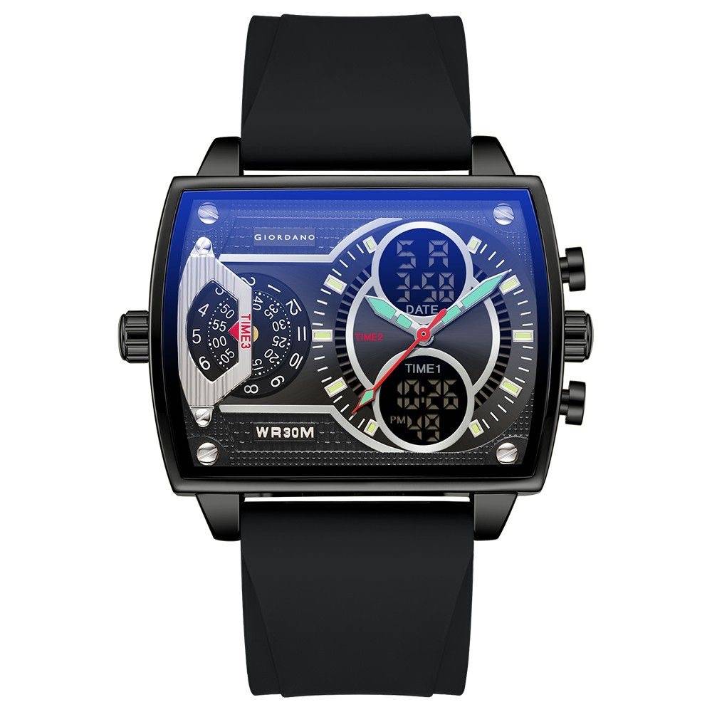 Giordano Square Analog-Digital Watch For Men – Triple Time Zone Displa, Silicone Strap : GZ-50161-01