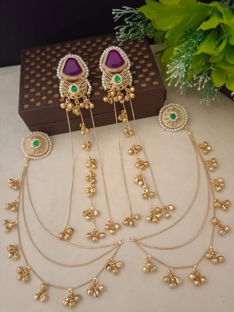 Brass-Plated Kundan Studded & Ghungroo Beaded Kashmiri Earrings With Earchains : VS105353