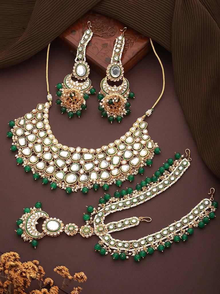 Gold-Plated Green White Kundan-Studded Beaded Handcrafted