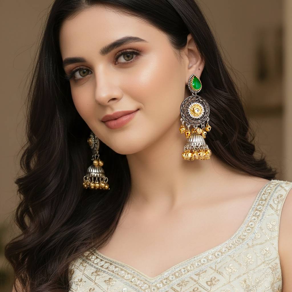 Dual Tone Oxidized Silver Jhumka Earrings With Green Stone & Golden Ghungroo : 502-KEO-16911-G-SG