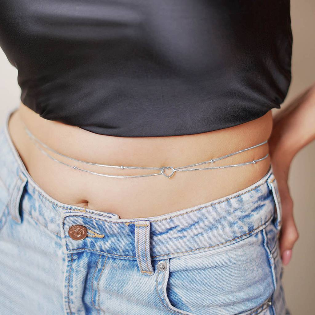 Dainty Rhodium Plated 925 Sterling Silver Waist Chain : WC-10004-34-R