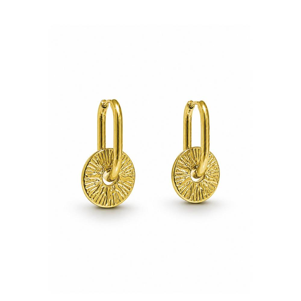 Women 18K Yellow Gold-Plated Sunburst Medallion Drop Hoop Earrings : 101194