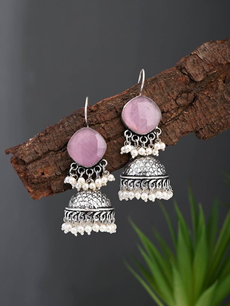 Oxidised Silver Brass Stone Jhumka Earrings : S24AJER253PNK