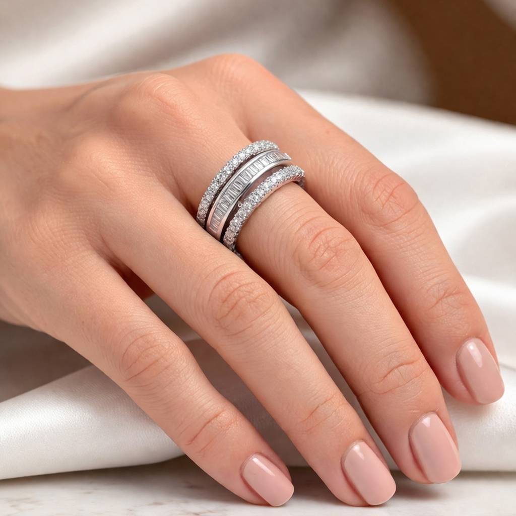 Sliver- Tone Classic Double Row Baguette Diamond Band Anti-Tarnish Ring : HSPS60MB1701
