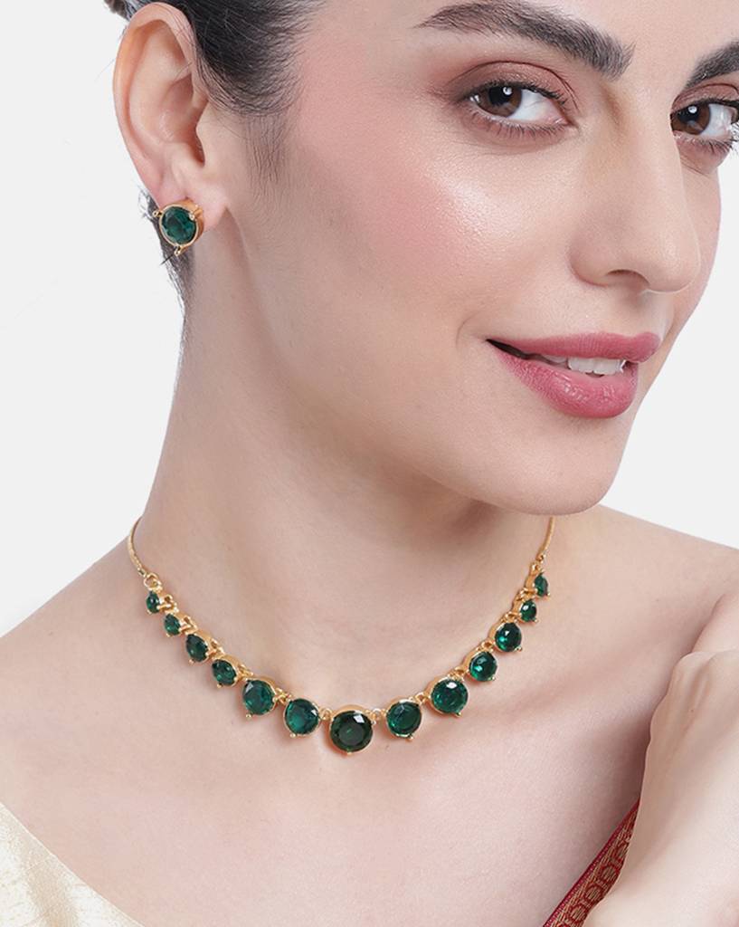 Estele Gold Plated Sparkling Necklace Set With Green Austrian Crystals : 9053-BGGNNKER