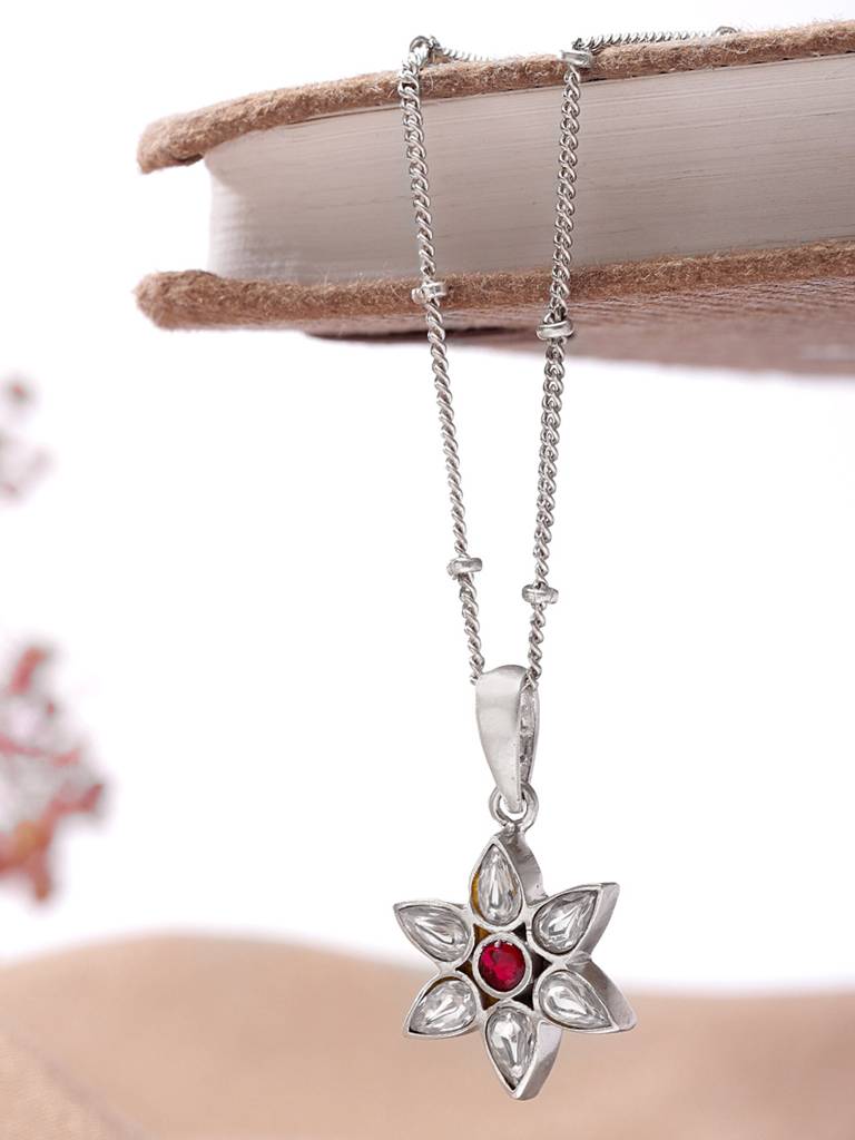 92.5 Silver White Kundan Flower Necklace : U100SG007MY032