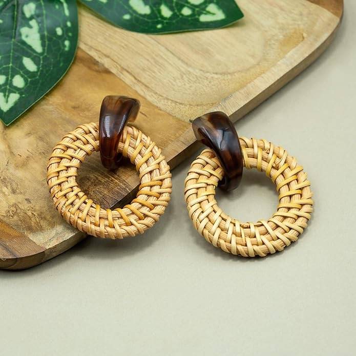 Boho Woven Wooden Circular Drop Earrings : HSPS60MB0535