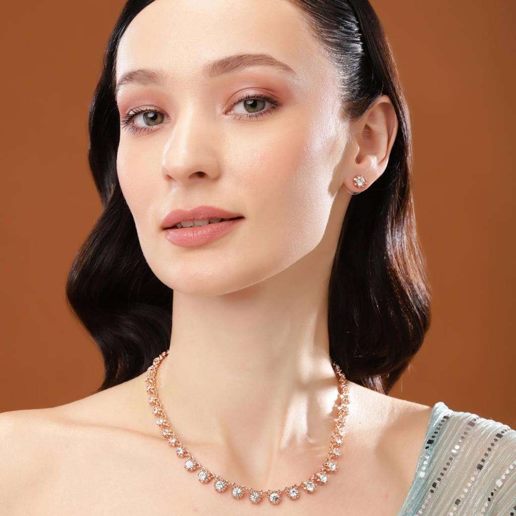 Estele Rose Gold Plated Sparkling Necklace Set With Crystals For Women