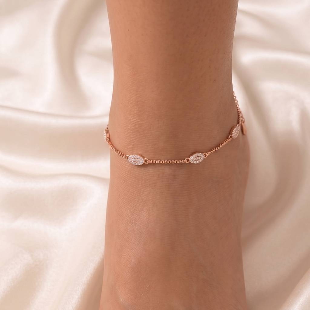 Premium Minimalist Rose Gold Pave Oval Station Anklet On Delicate Box Chain : AK1142