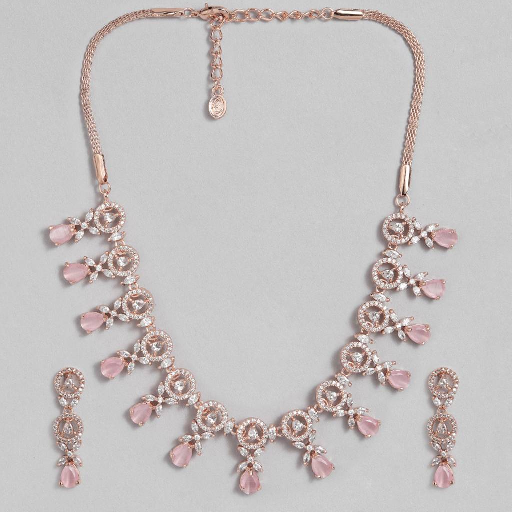 Estele Rose Gold Plated Cz Circular Designer Necklace Set With Mint Pink Crystals For Women : AD-706-RG-MPNKER