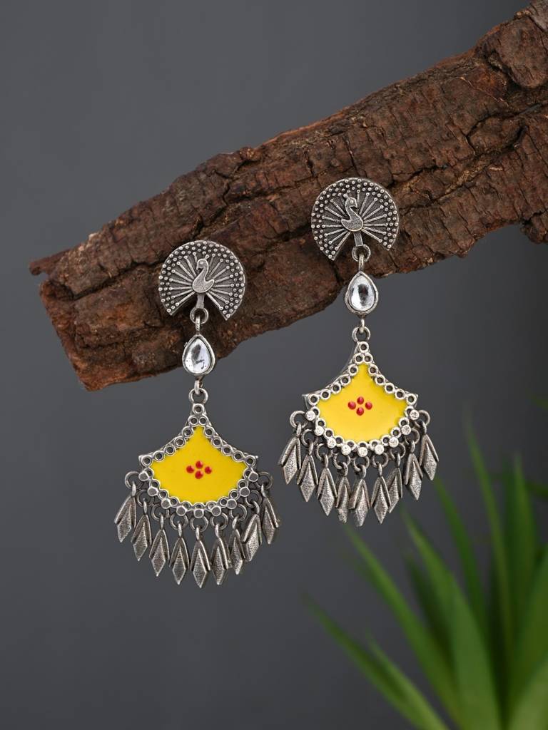 Silver Oxidised Finish Hand Painted Drop Earring : S24DJER314YLW