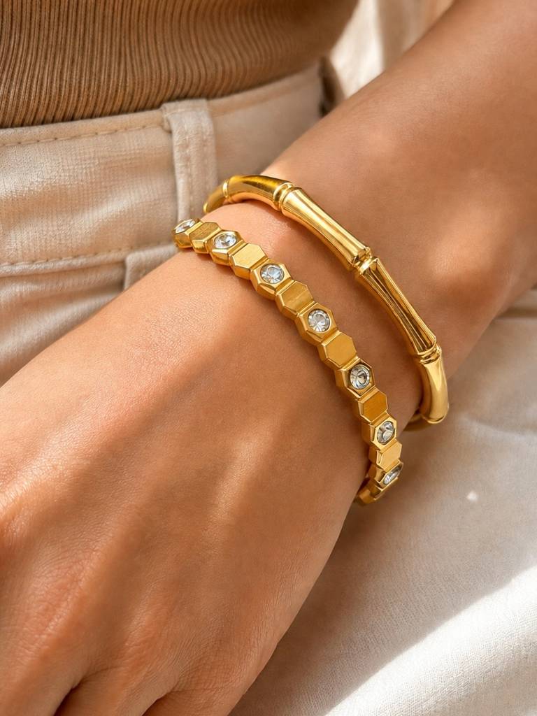 Bamboo Bangle & Hex Crystal Bracelet Duo – 18Kt Gold Plated Stainless Steel Combo Set : CBR015BBH