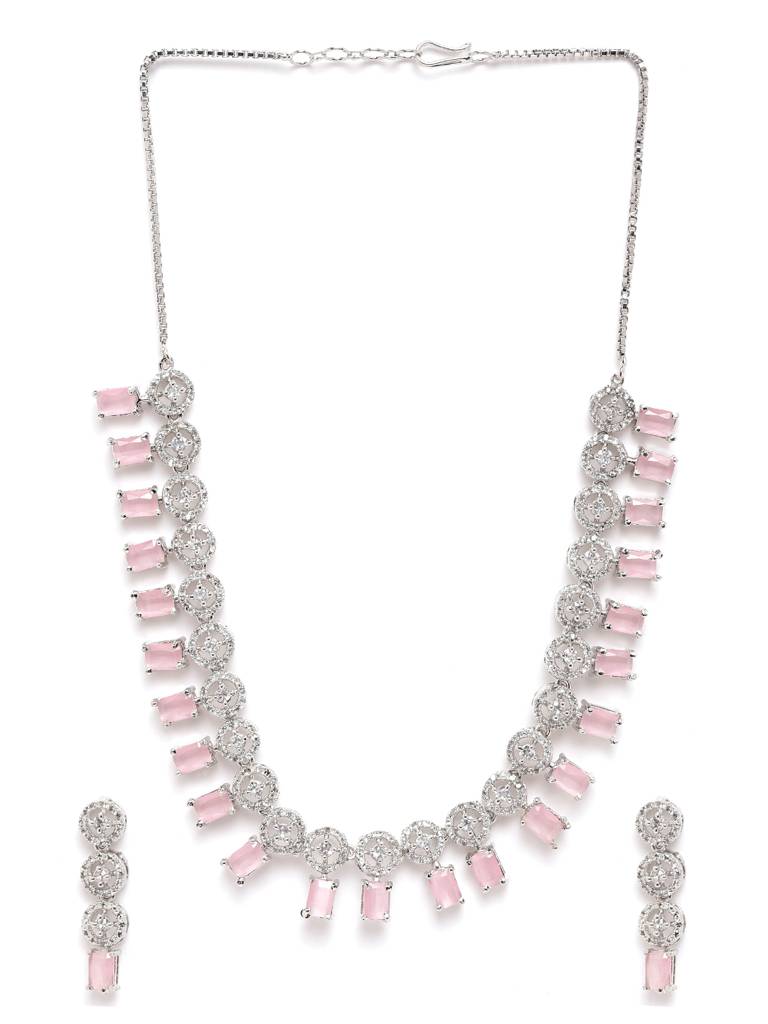 Silver Plated Square Ad Necklace Set : AD134PINK