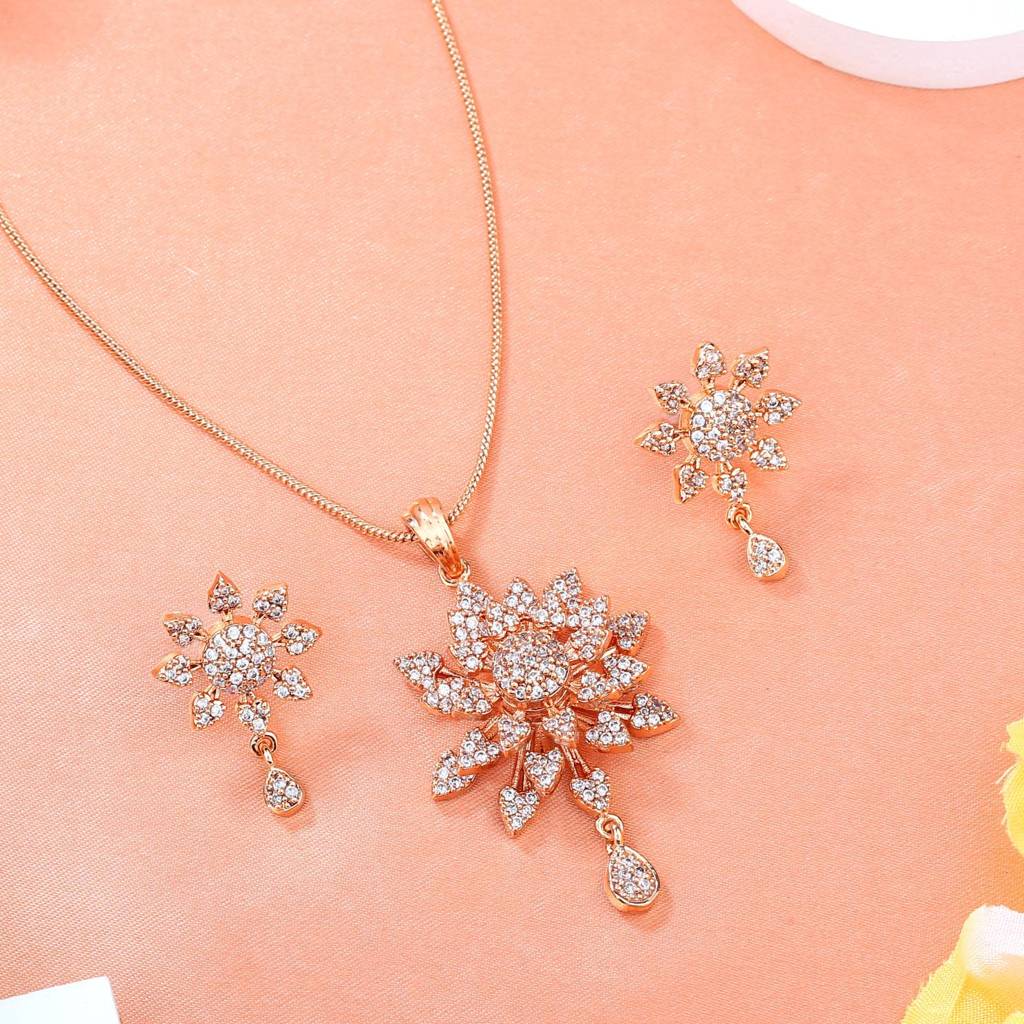 Estele Rose Gold Plated Cz Floral Designer Pendant Set With White Stones For Girls And Women