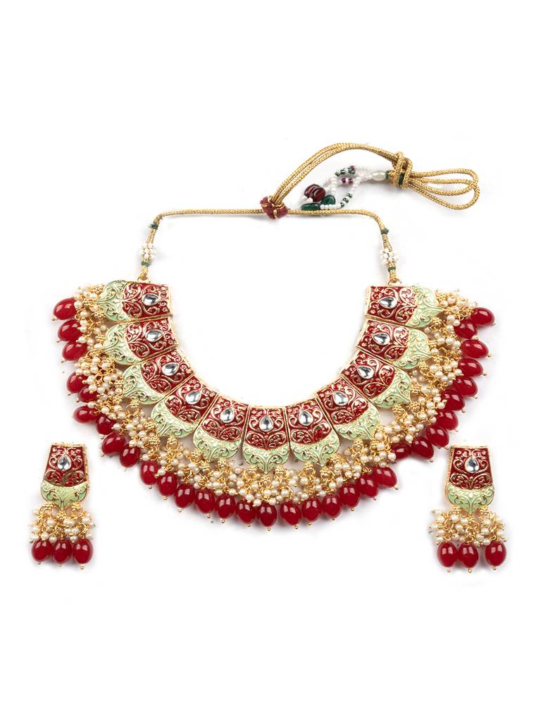 Dual Colour Kundan Meenakari Necklace Set With Earrings And Maangtika : Kundan08Red