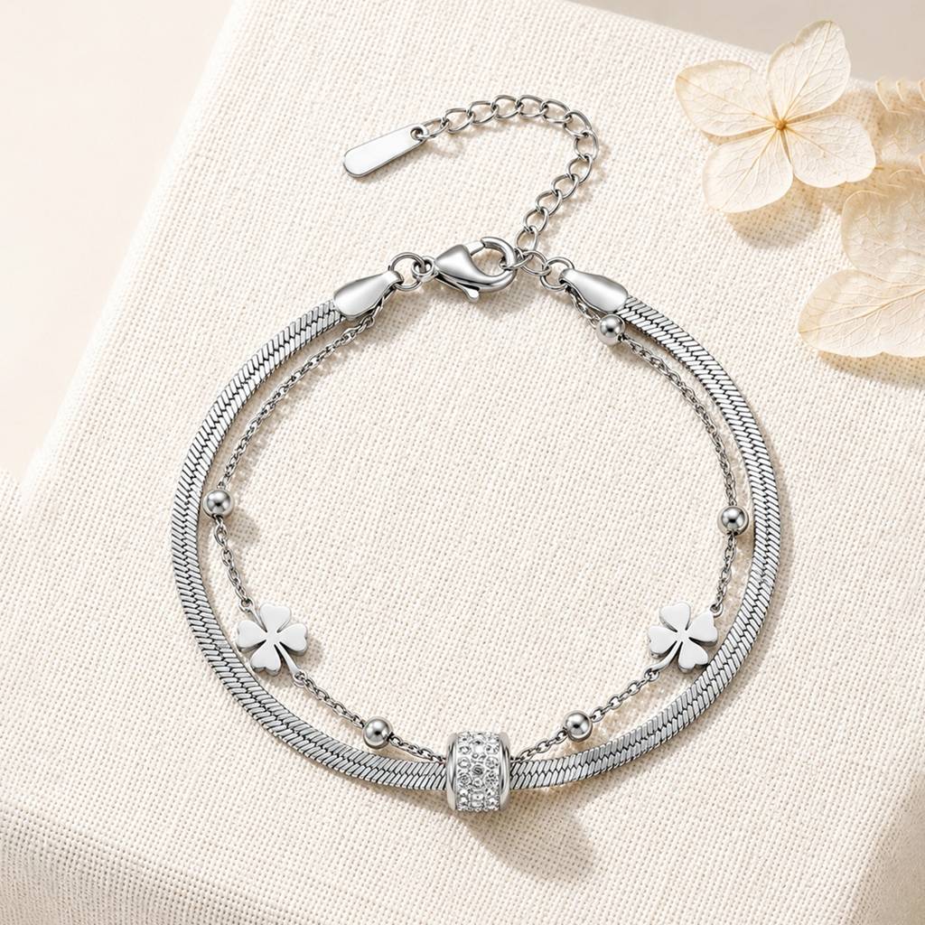 ARTKLIM Silver-Tone Clover Double Layer Crystal Charm Anti-Tarnish