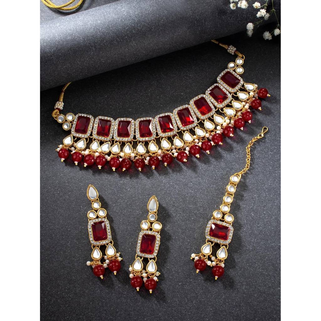 Peora Gold Plated Traditional Kundan Choker Necklace Jewellery Set With Dangle Earring Maang Tikka For Women Girls : PF24N2944M