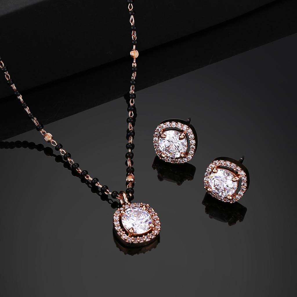 Estele Rose Gold Plated Cz Sparkling Square Designer Mangalsutra Necklace Set For Women