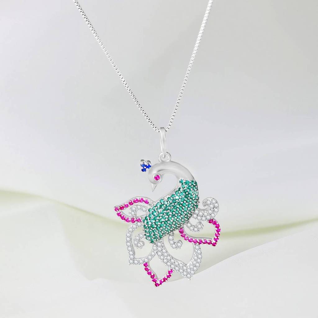 Exquisite Zavya 925 Silver Pendant With Peacock Style : PEN-30215-C-R