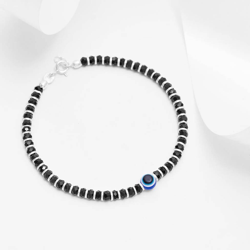 Black Beads With Evil Eye 925 Silver Bold Bracelet In Silver Chain : BR-80062