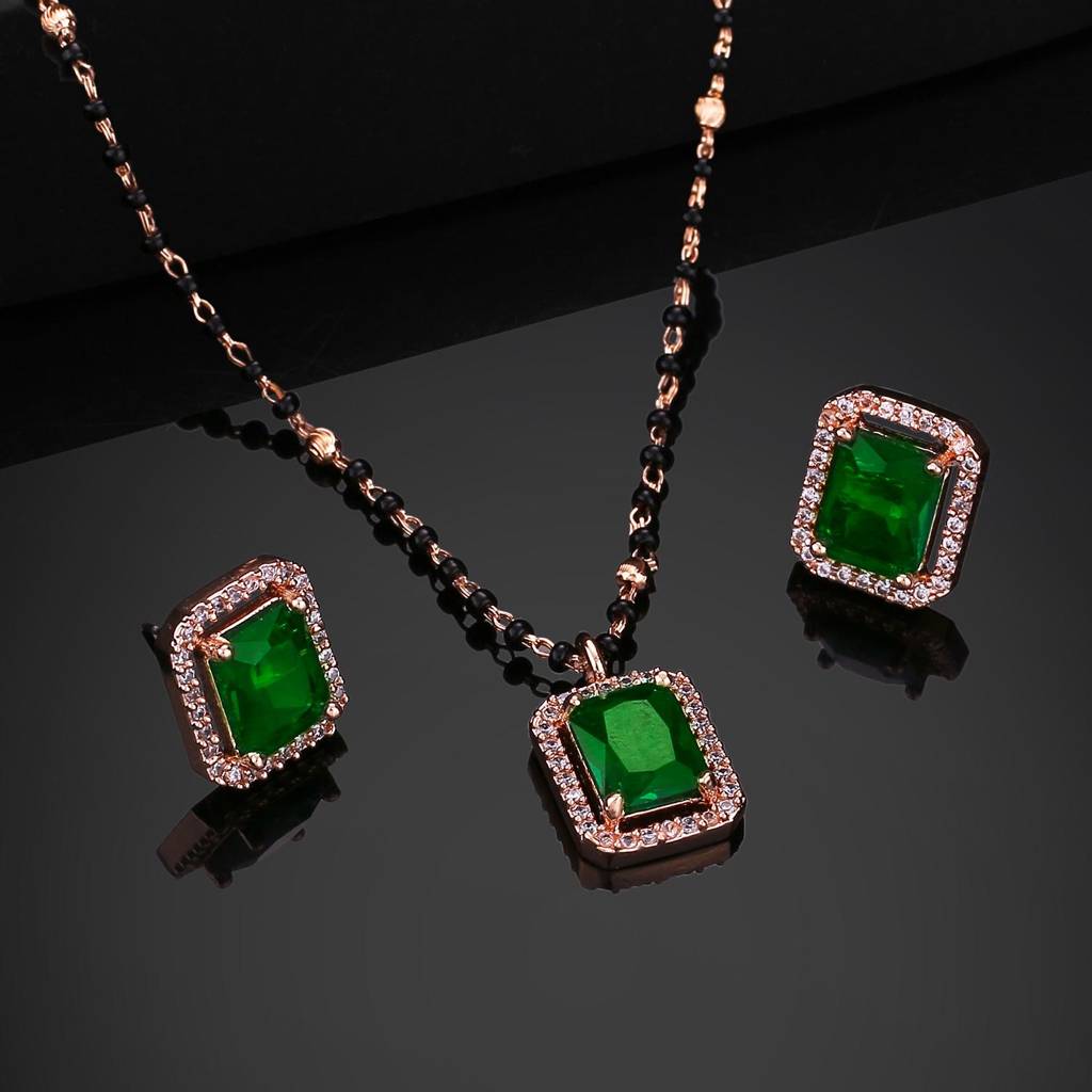 Estele Rose Gold Plated Cz Square Mangalsutra Necklace Set With Emerald Stone For Women