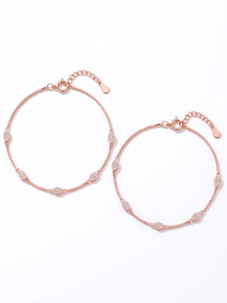 Premium Minimalist Rose Gold Pave Oval Station Anklet On Delicate Box Chain : AK1143