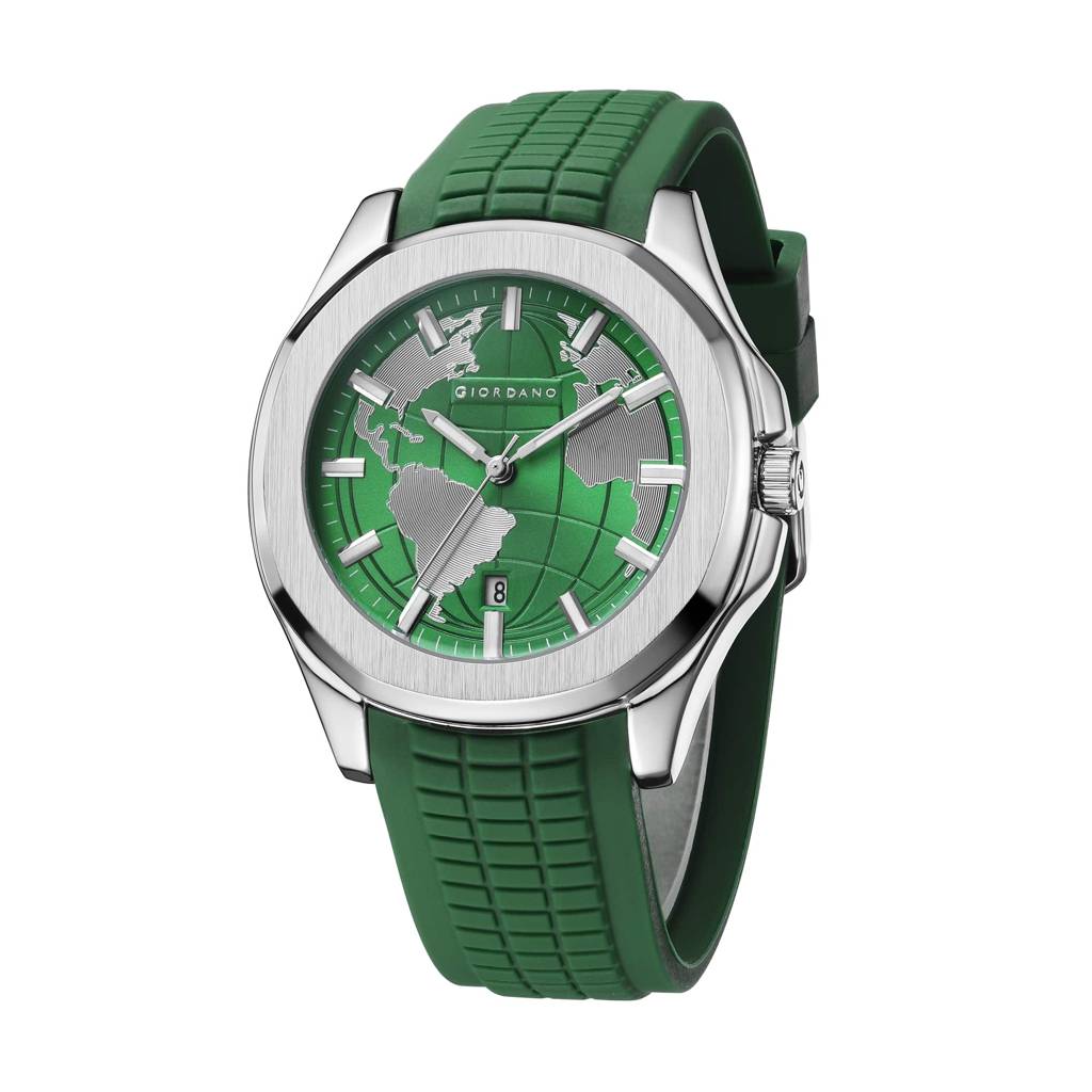 Stylish World Map Design Analog Watch For Men With Silver Case Round Dial, Textured Silicone Strap, Water Resist : GZ-50147-05