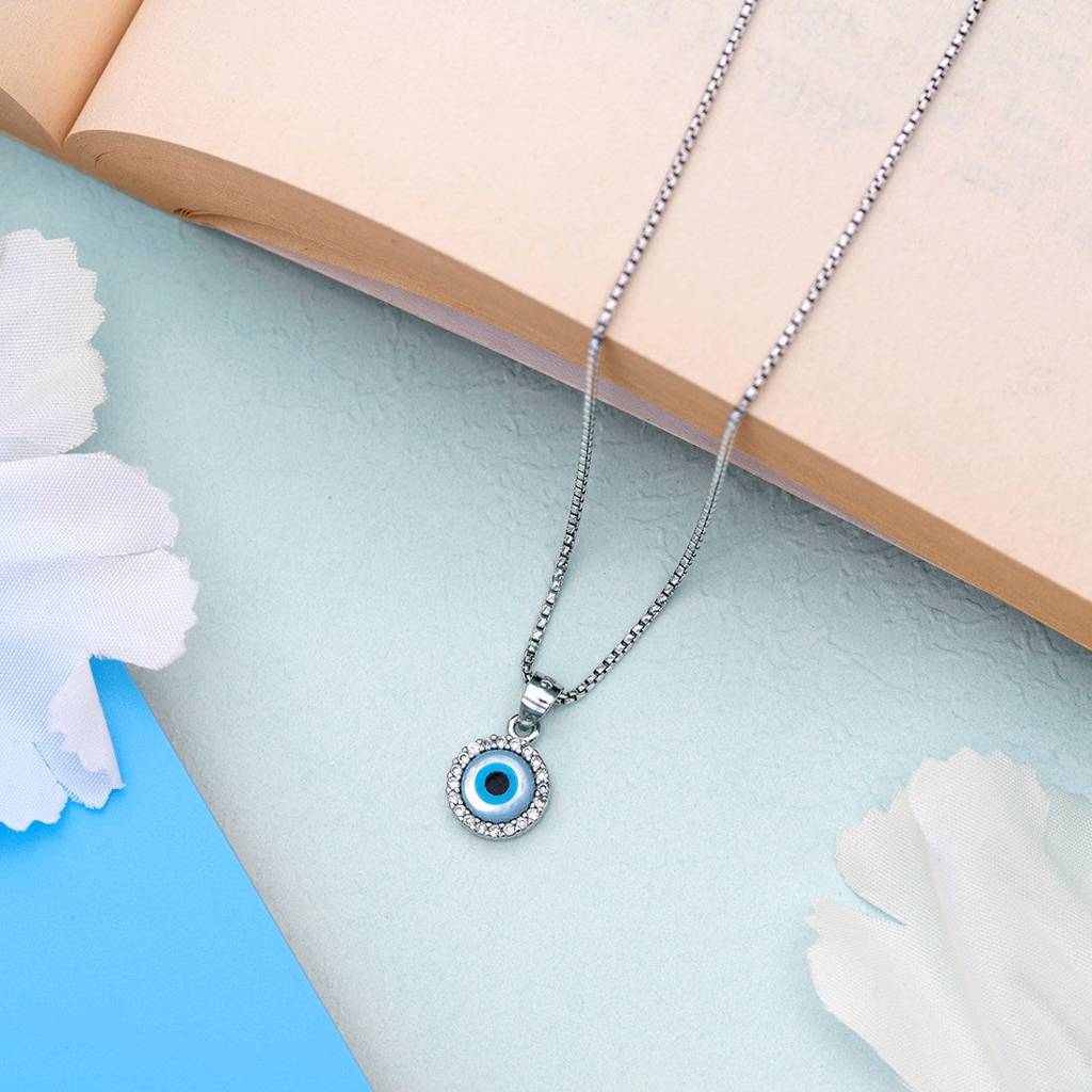 Evil Eye Guardian Rhodium Plated Cz 925 Sterling Silver Necklace