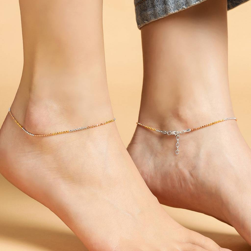 Elegant Triple Tone 925 Sterling Silver Beaded Chain Anklet : ANK-60164-PAIR