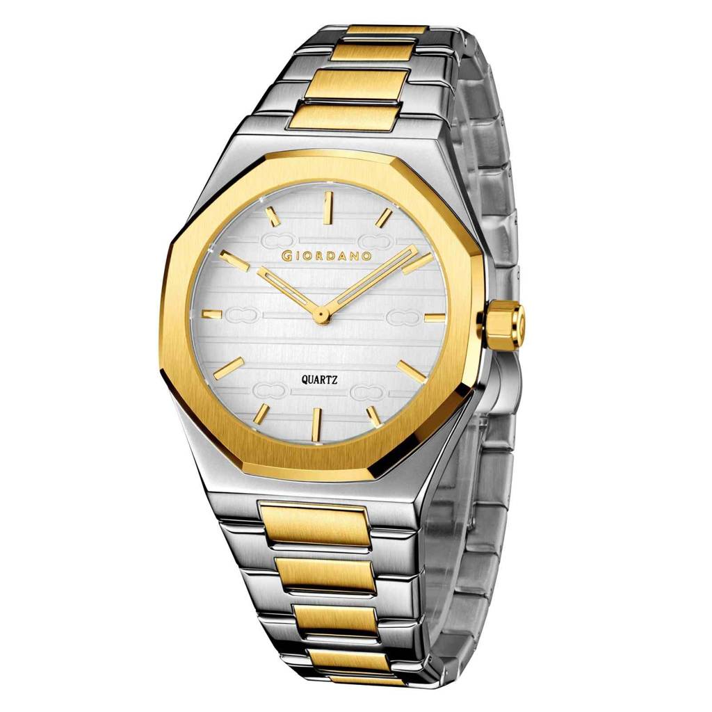 Giordano Elegant Analog Watch For Men With Octagonal Textured Dial, Stainless Steel Strap, Luminous Markers, And : GZ-50178-33