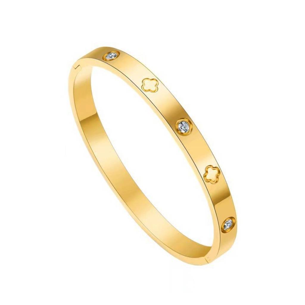 18K Plated Waterproof Anti-Tarnish Clover And Zircon  Bangle Bracelet : ASJ0125B2247G